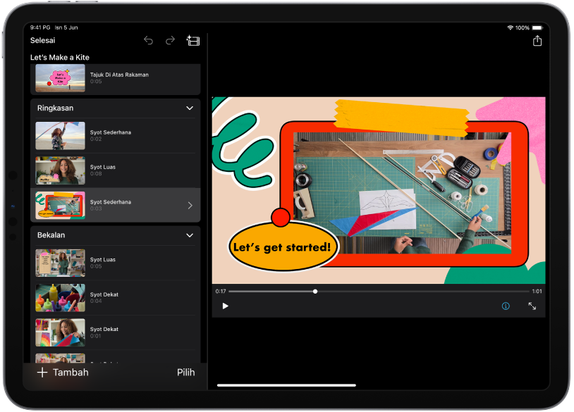 Projek papan cerita dalam iMovie pada iPad.