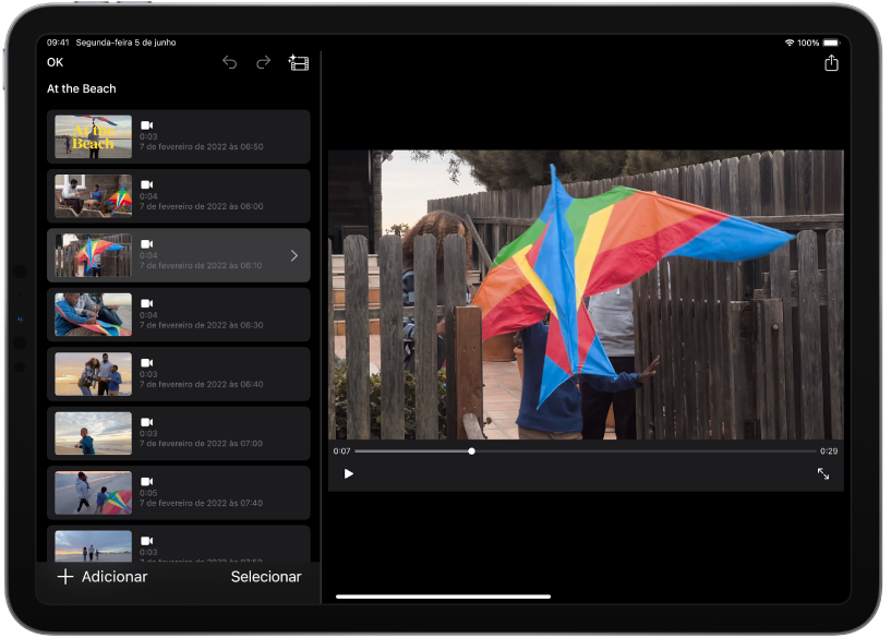 Um projeto de Filme Mágico no iMovie de um iPad.