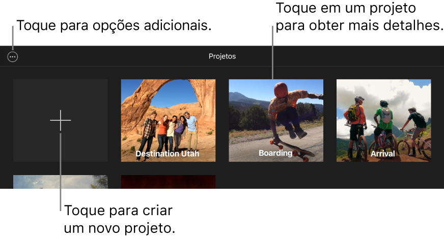 Projetos no navegador de Projetos, com os botões Criar e Mais Opções no canto superior esquerdo.