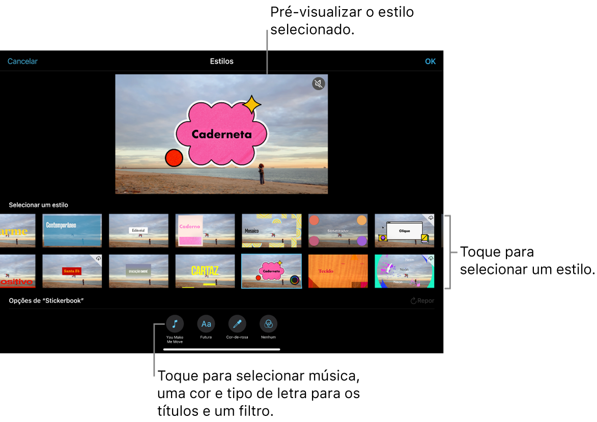 O visualizador a mostrar uma pré-visualização de um estilo selecionado, com opções de estilo por baixo. Os botões para adicionar música, selecionar uma cor e tipo de letra para os títulos e adicionar um filtro estão na parte inferior do ecrã.