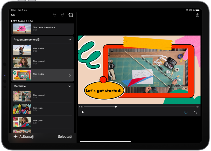 Un proiect storyboard în iMovie pe un iPad.