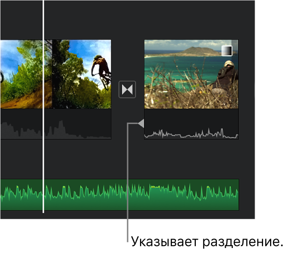 Индикатор раздельной правки отображается на звуковой дорожке перехода на временной шкале.