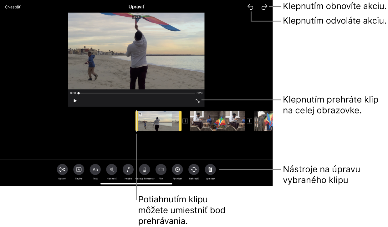 Prebieha úprava klipu vo videomontáži. Zobrazovač ukazuje náhľad klipu. V dolnej časti obrazovky sú tlačidlá na úpravu klipu.