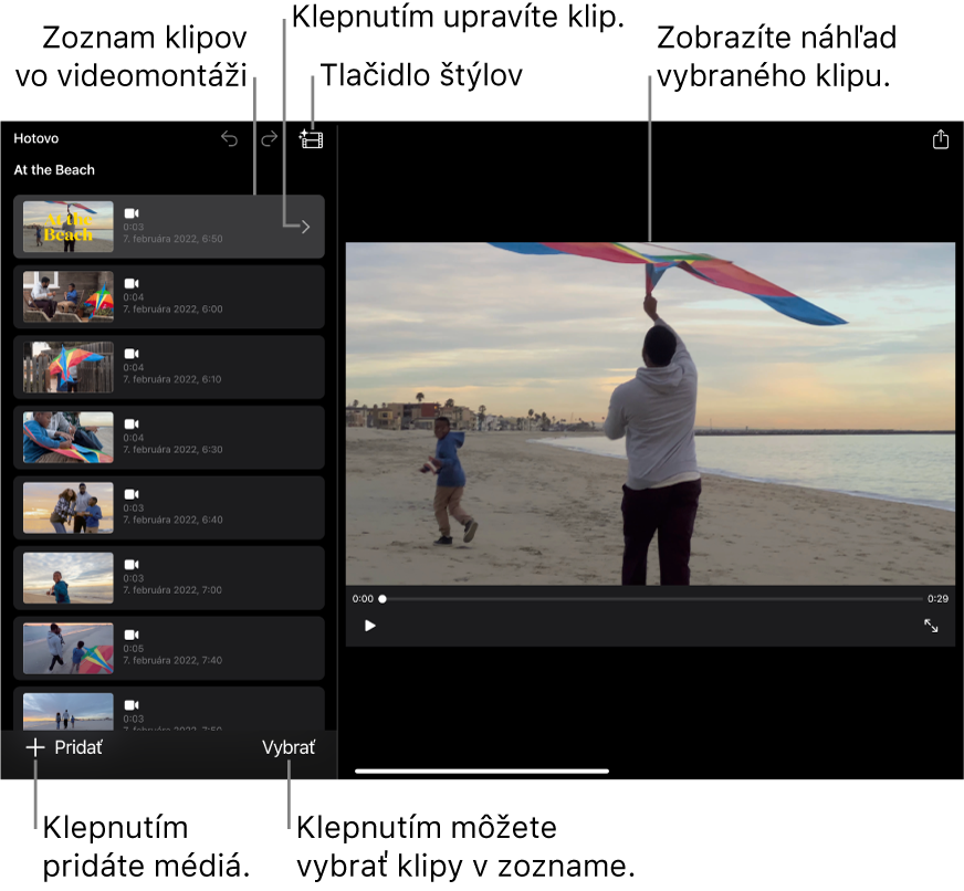 Otvorený projekt videomontáže s vybraným klipom v zobrazovači.