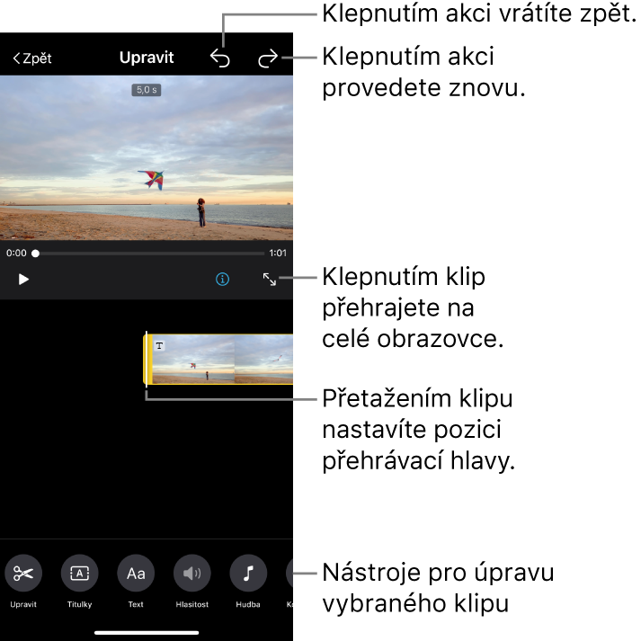 Upravovaný storyboardový projekt; v prohlížeči je vidět náhled klipu. U dolního okraje obrazovky jsou vidět tlačítka pro úpravu klipu.