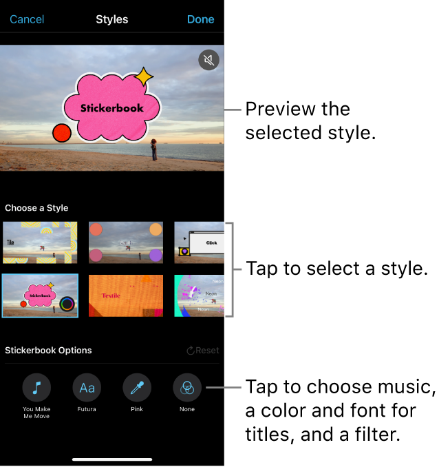 The viewer showing a preview of a selected style, with style options below. Buttons for adding music, selecting a color and font for titles, and adding a filter are at the bottom of the screen.