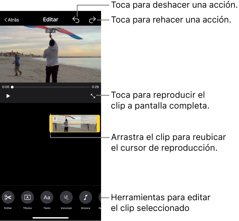 Un clip en una película mágica editándose con el visor mostrando una vista previa del clip. En la parte inferior de la pantalla se encuentran botones para editar el clip.