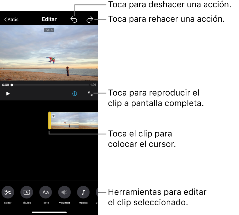 Un clip de un proyecto de guion gráfico siendo editado, con el visor mostrando una previsualización del clip. En la parte de abajo de la pantalla hay botones para editar el clip.