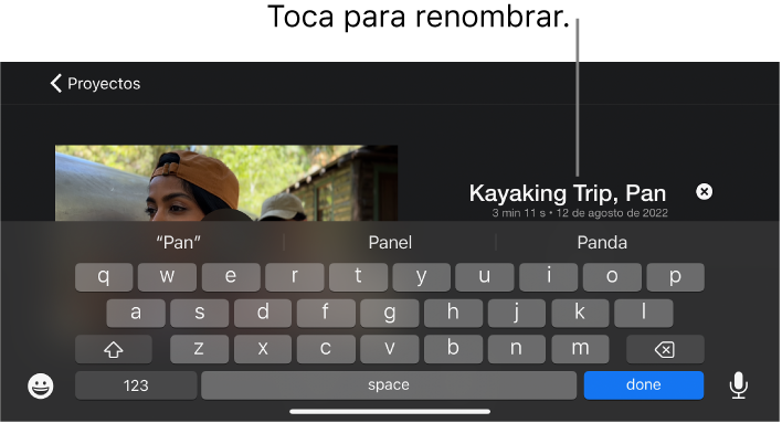 Edición del título de un proyecto, con el teclado debajo.