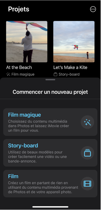 Le navigateur de projets affichant des vignettes de projets existants avec en dessous un bouton « Commencer un nouveau projet ».