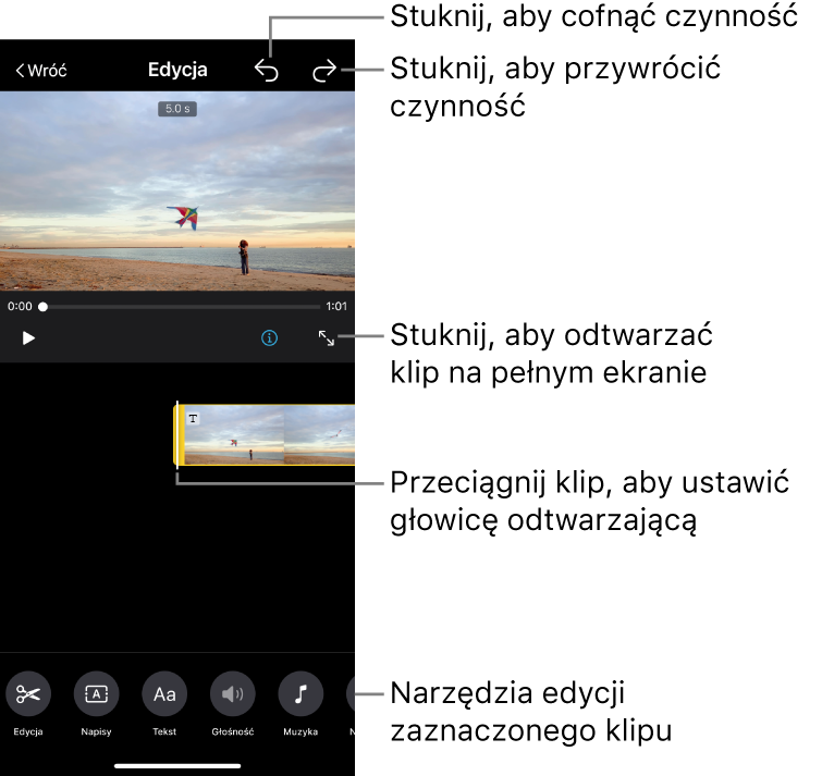 Edytowany klip w projekcie Scenorys oraz podgląd edytowanego klipu w polu podglądu. Na dole ekranu widoczne są przyciski służące do edycji klipu.