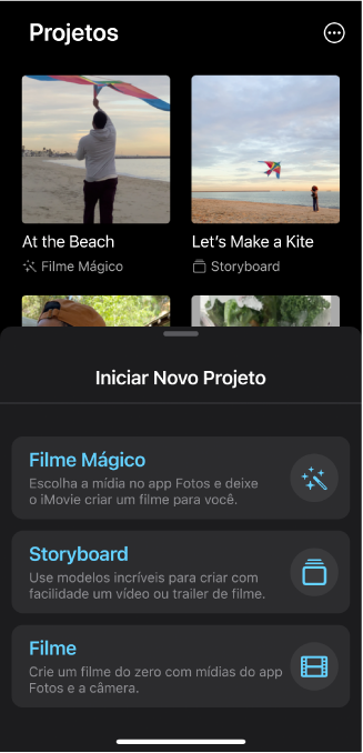 O navegador de Projetos mostrando miniaturas de projetos existentes e abaixo um botão “Iniciar Novo Projeto”.