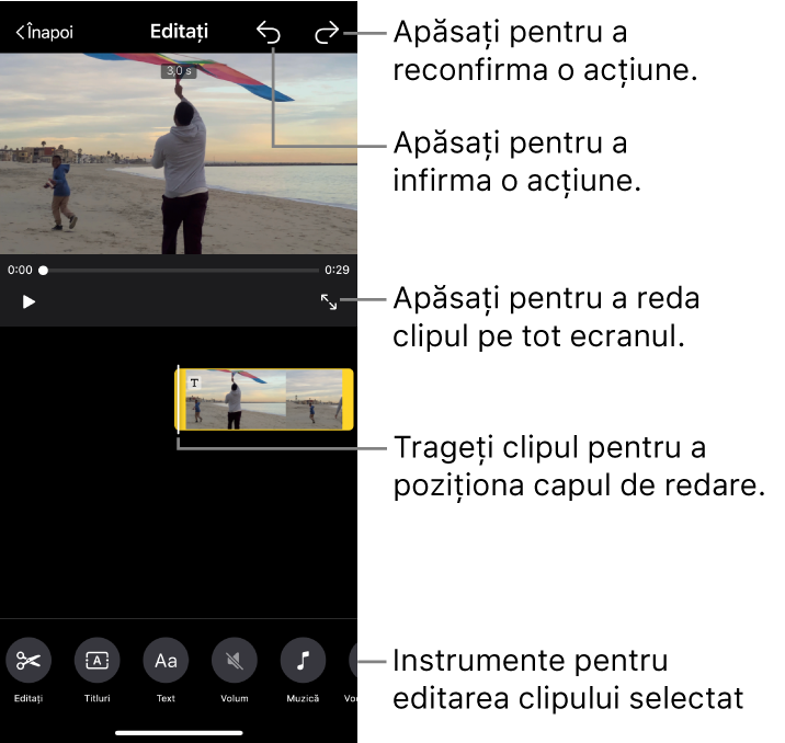 Un clip dintr-un proiect de film magic este în curs de editare și vizualizatorul afișează o previzualizare a clipului. În partea de jos a ecranului se află butoanele pentru editarea clipului.