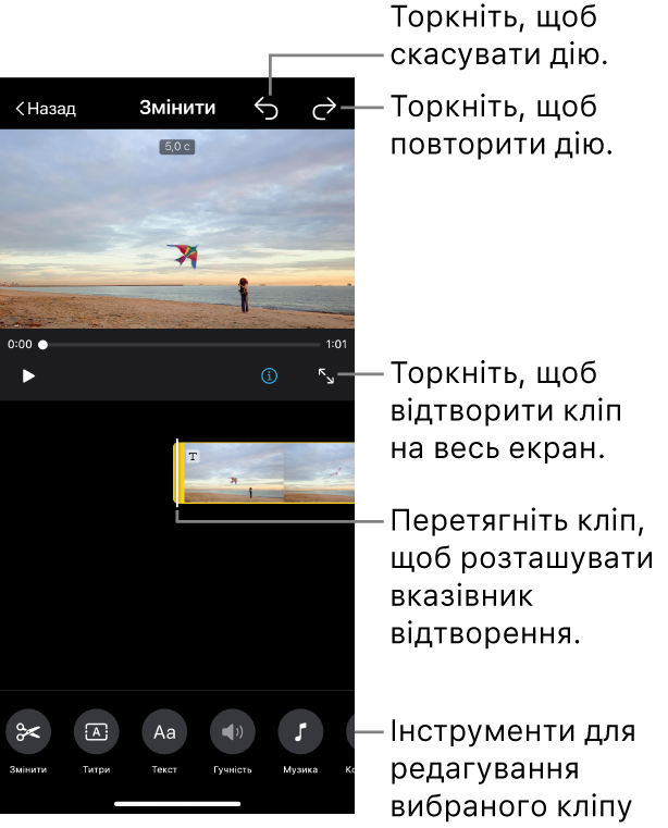Кліп у проєкті кадроплану, що редагується. В оглядачі показано попередній перегляд кліпу. У нижній частині екрана розташовано кнопки редагування кліпу.