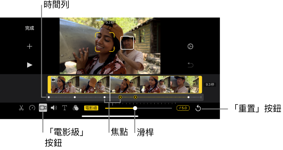 檢視器中的「電影級」模式影片剪輯片段，黃色括號框住目前聚焦的目標，白四方框框住非聚焦的目標。時間列顯示白色和黃色焦點。