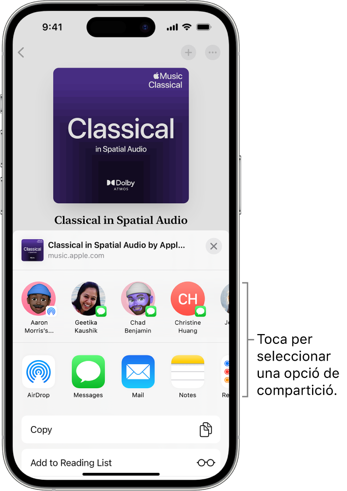 Un iPhone en què es mostra una llista de reproducció de música clàssica a la part superior de la pantalla i, a sota, les opcions de compartir i els contactes.