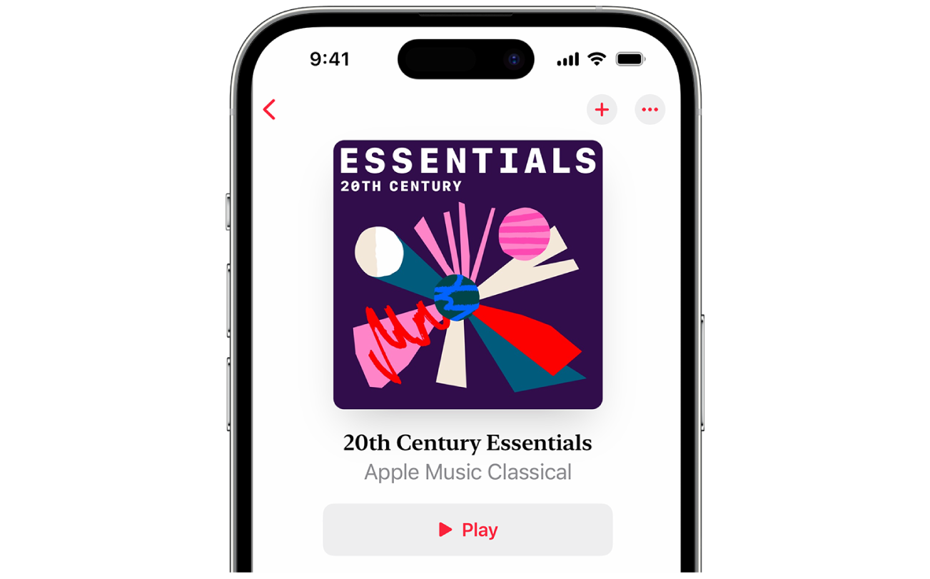 Na iPhonu je v otevřené aplikaci Apple Music Classical vidět grafika a název playlistu a dále tlačítko Přehrát.