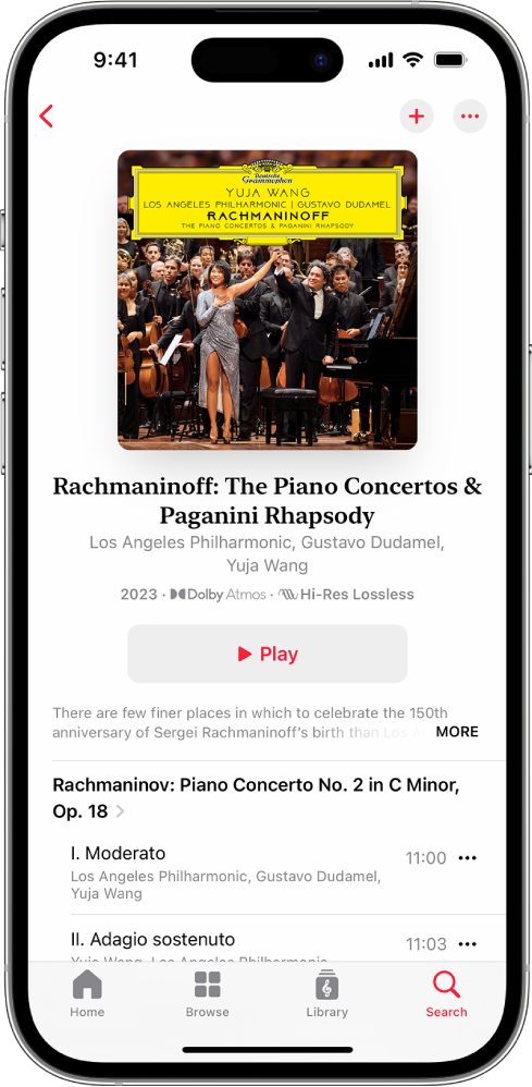 En iPhone med en albumnote i Apple Music Classical. Øverst på skærmen er albumbilledet og -titlen. Midt på skærmen er albumnoten. Nederst på skærmen er knapperne Home, Browse, Library og Search.