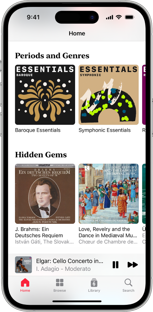 En iPhone med fanen Home i Apple Music Classical. På skærmen vises Periods, Genres og Hidden Gems, og under dem er miniafspilleren, som viser det spor, der afspilles i øjeblikket. Allernederst på skærmen er knapperne Home, Browse, Library og Search.
