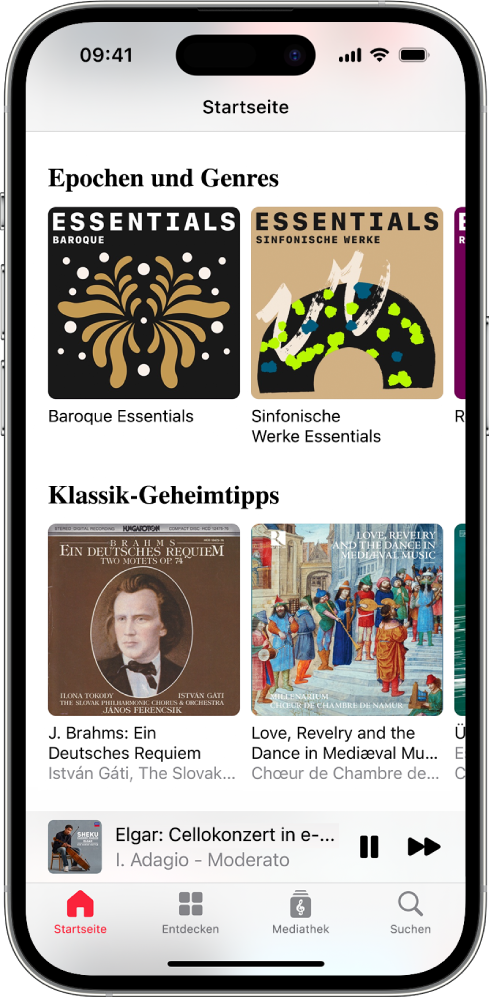 Ein iPhone mit dem Tab „Startseite“ in Apple Music Classical. Auf dem Bildschirm werden die Optionen „Perioden und Genres“ sowie „Versteckte Funktionen“ angezeigt und darunter befindet sich der MiniPlayer, in dem zu sehen ist, welcher Musiktitel gerade gespielt wird. Ganz unten im Bildschirm befinden sich die Tasten „Startseite“, „Entdecken“, „Mediathek“ und „Suchen“.