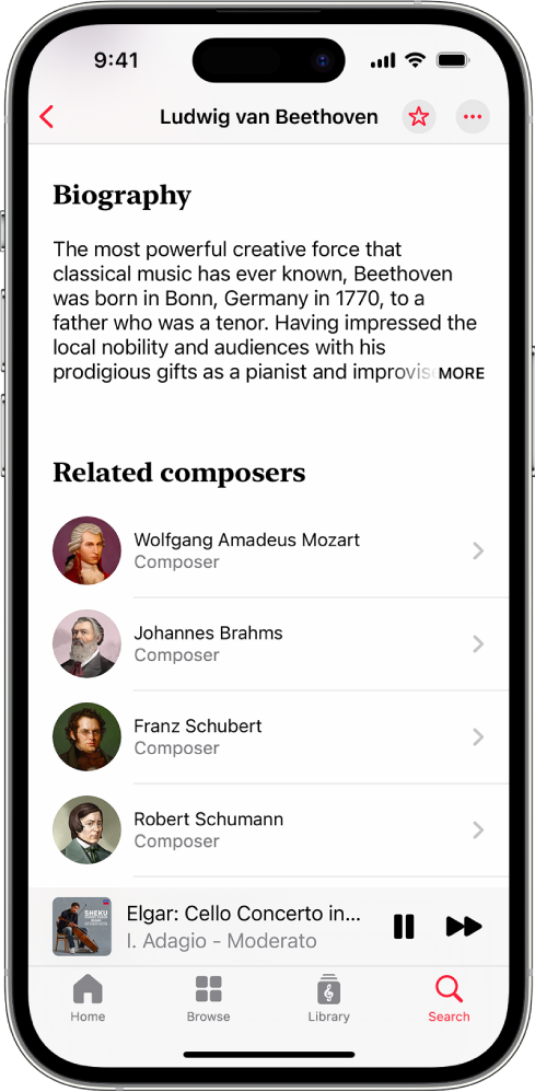 An iPhone showing a composer biography in Apple Music Classical. At the top of the screen is the name of the composer and biographical text. A list of related composers is in the middle of the screen. The MiniPlayer is near the bottom of the screen and shows the track that’s currently playing. Below the MiniPlayer are the Home, Browse, Library and Search buttons.