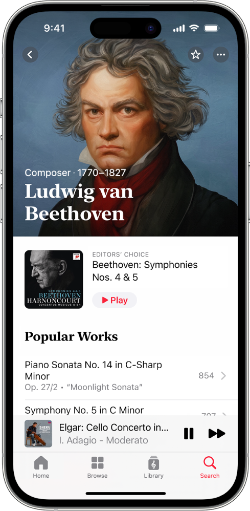 An iPhone showing the composer page for Ludwig van Beethoven in Apple Music Classical. The screen displays his portrait, the editor’s choice for specific symphonies, and a Popular Works section. Below that is the MiniPlayer, which shows the track that’s currently playing. At the very bottom of the screen are the Home, Browse, Library and Search buttons.