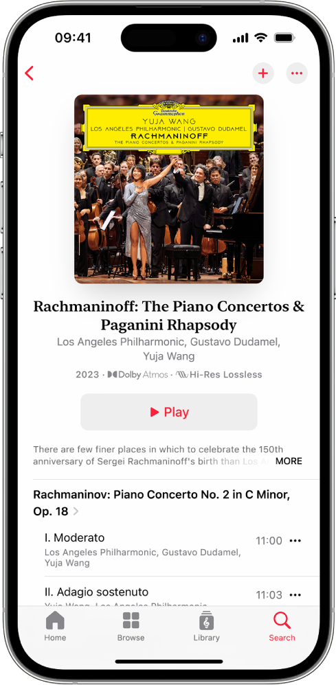 An iPhone showing an album note in Apple Music Classical. At the top of the screen is the album artwork and title. In the middle of the screen is the album note. At the bottom of the screen are the Home, Browse, Library and Search buttons.