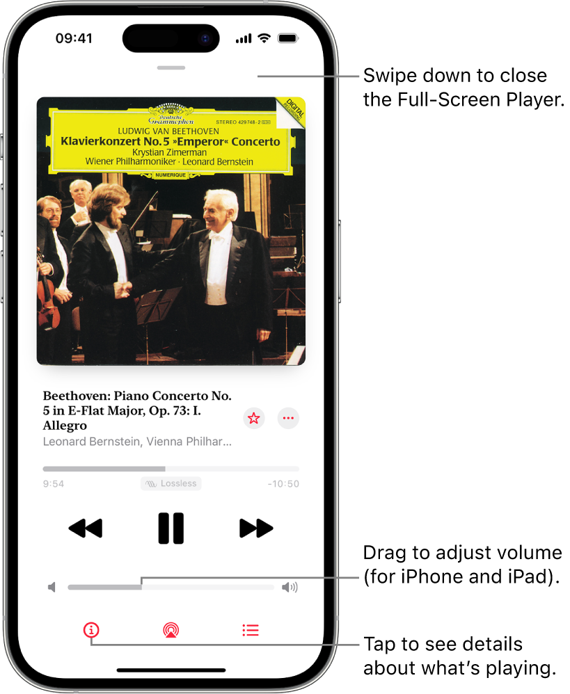 An iPhone showing the Full-Screen Player in Apple Music Classical. At the top of the screen is a grey bar that you tap to hide the Full-Screen Player and switch back to the Mini Player. Beneath the bar are album art, the name of the work and the timeline, which shows the length of the track and how much time has elapsed. In the lower part of the screen are the Skip Backward, Pause and Skip Forward buttons, the volume control, and the Info, AirPlay and Playing Next buttons.