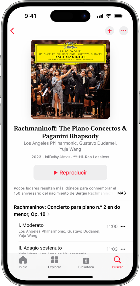 Un iPhone mostrando la nota de un álbum en Apple Music Classical. En la parte superior de la pantalla está la ilustración y el título del álbum. En la parte central de la pantalla está la nota del álbum. En la parte inferior de la pantalla están los botones Inicio, Explorar, Biblioteca y Buscar.