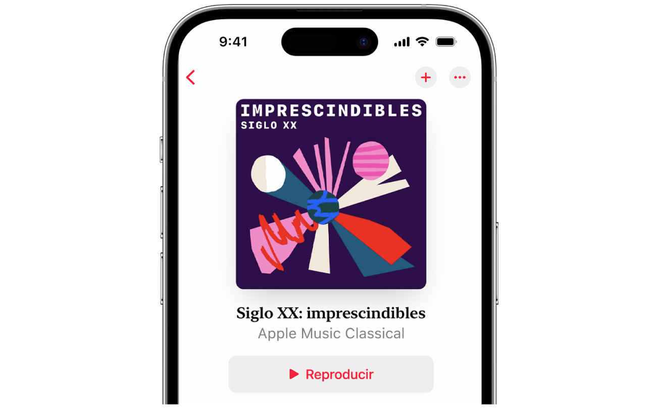 Un iPhone mostrando la ilustración y el título de una playlist, y el botón Reproducir en la app Apple Music Classical.