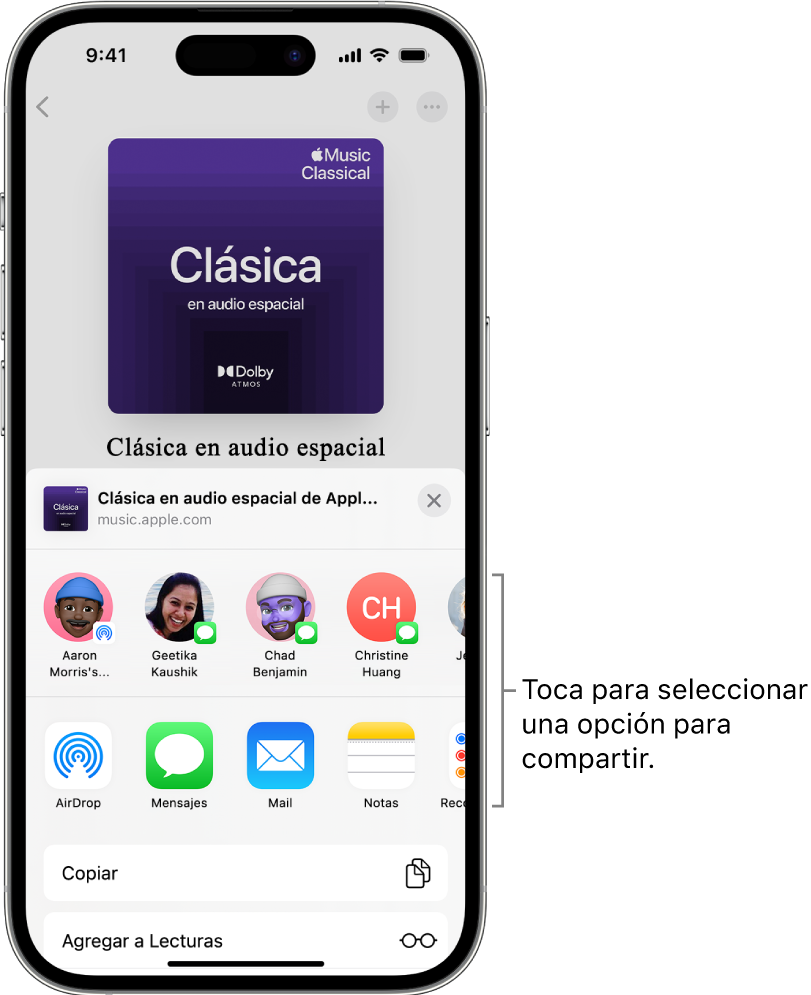 Un iPhone mostrando una playlist de música clásica en la parte superior de la pantalla, con contactos y opciones para compartir debajo.