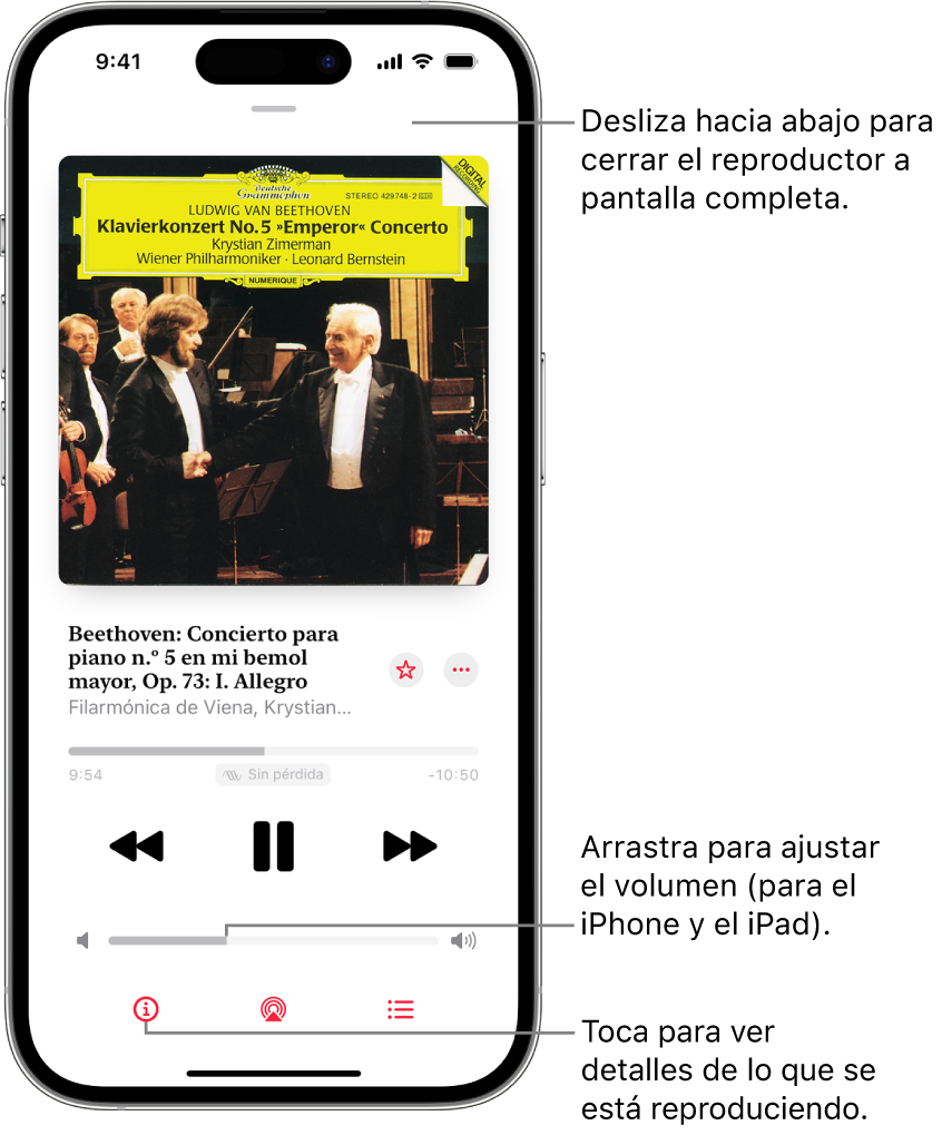 Un iPhone con el reproductor a pantalla completa de Apple Music Classical. En la parte superior de la pantalla, hay una barra gris que puedes tocar para ocultar el reproductor a pantalla completa y volver al minirreproductor. Debajo de la barra están la carátula y la línea de tiempo, que muestra la duración de la pista y el tiempo transcurrido. En la parte inferior de la pantalla están los botones Retroceder, Pausar y Avanzar, el control del volumen y los botones Información, AirPlay y “A continuación”.