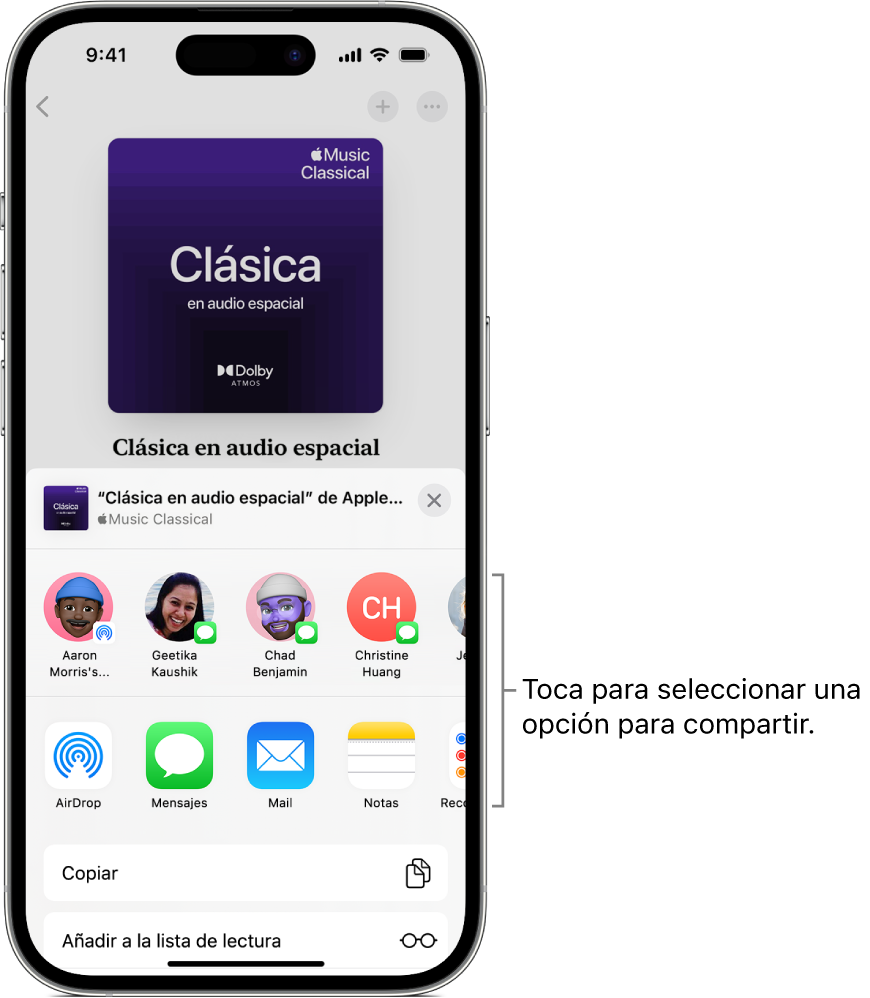Un iPhone con una playlist de música clásica en la parte superior de la pantalla, con contactos y opciones de compartir debajo.