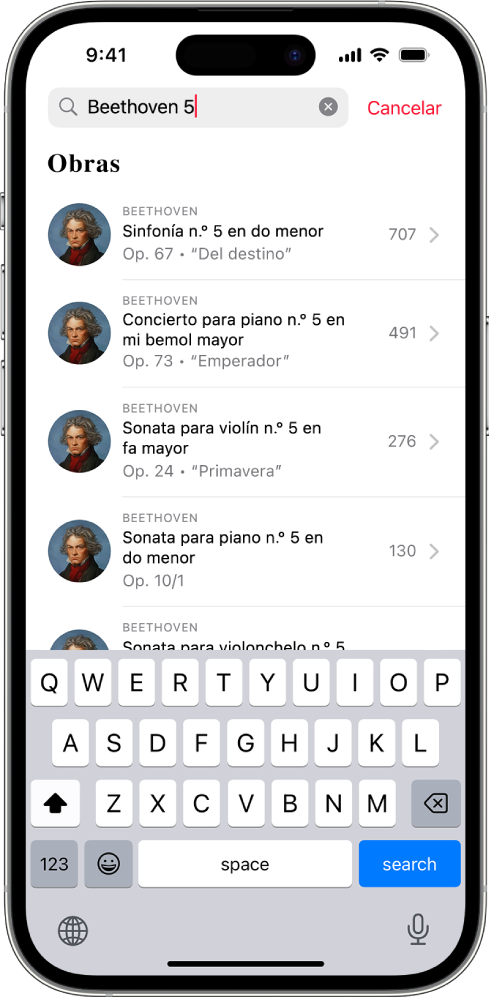 Un iPhone con la pestaña Buscar en Apple Music Classical. El campo de búsqueda se muestra en la parte superior de la pantalla y, debajo, una lista de resultados.