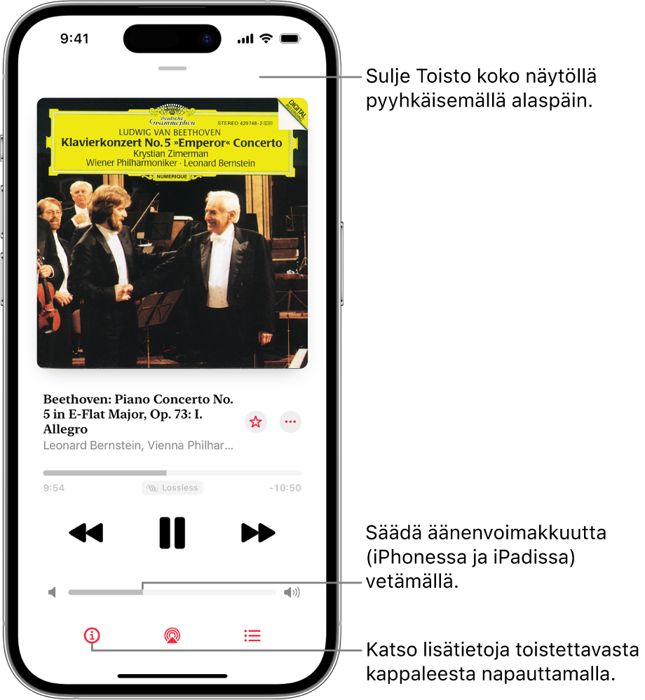 iPhone, jossa näkyy toisto koko näytöllä Apple Music Classicalissa. Näytön yläreunassa on harmaa palkki, jota napauttamalla voit kätkeä toiston koko näytöllä ja vaihtaa takaisin minisoittimeen. Palkin alla näkyvät albumin kuvitus, teoksen nimi ja aikajana, joka osoittaa kappaleen pituuden ja kuluneen ajan. Näytön alaosassa näkyvät Skip Backward-, Pause- ja Skip Forward -painikkeet, äänenvoimakkuuden säädin sekä Info-, AirPlay- ja Playing Next -painikkeet.
