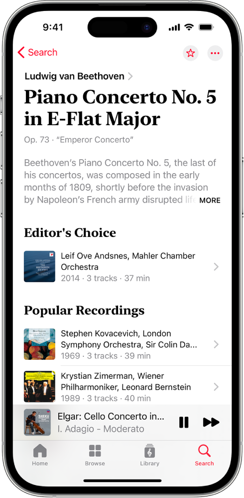 iPhone, jossa näkyy teoksen kuvaus Apple Music Classicalissa. Näytön yläreunassa näkyy säveltäjän ja teoksen nimi sekä tietoja teoksesta. Näytön keskellä näkyvät Toimittajan valinta- ja Suosittuja äänitteitä -osiot. Minisoitin on näytön alareunassa ja siinä näkyy parhaillaan toistettava kappale. Näytön alareunassa ovat Home-, Browse-, Library- ja Search-painikkeet.
