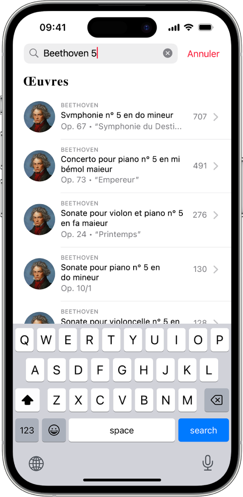 Un iPhone affichant l’onglet Rechercher dans Apple Music Classical. Le champ de recherche se trouve en haut de l’écran, avec une liste de résultats en dessous.