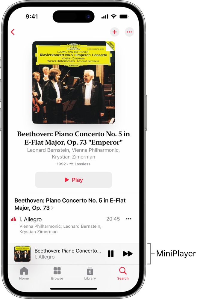 Apple Music Classical में iPhone MiniPlayer दिखा रहा है। स्क्रीन के शीर्ष पर ऐल्बम कलाकृति, कार्य का नाम और चलाएँ बटन है। MiniPlayer, स्क्रीन के नीचे की ओर। MiniPlayer के नीचे “होम”, ब्राउज़ करें, लाइब्रेरी और खोज बटन हैं।