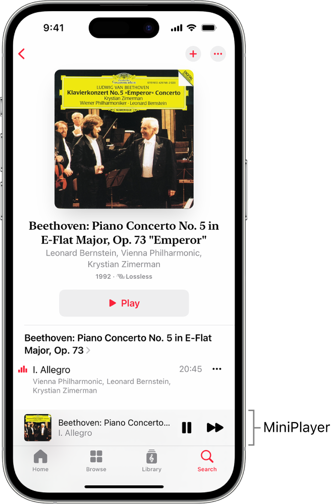 iPhone prikazuje karticu MiniPlayer u aplikaciji Apple Music Classical. Pri vrhu zaslona nalazi se omot albuma, ime djela i tipka Reproduciraj. MiniPlayer je pri dnu zaslona. Ispod MiniPlayera nalaze se tipke Naslovna stranica, Pregledaj, Medijateka i Pretraži.