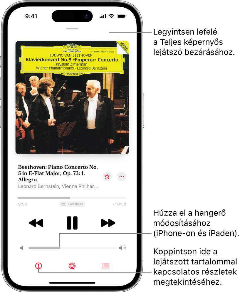 Egy iPhone-on a Teljes képernyős lejátszó látható az Apple Music Classicalban. A képernyő tetején egy szürke sáv látható, amelyre ha rákattint elrejtheti a Teljes képernyős lejátszót és megjelenítheti a Mini lejátszót. A sáv alatt az albumborító, a mű címe és az idővonal látható, amely megmutatja, hogy milyen hosszú a zeneszám, illetve, hogy mennyi idő telt el belőle. A képernyő alsó részén a Léptetés visszafelé, a Szüneteltetés és a Léptetés előre gombok, a hangvezérlő, illetve az Infó, az AirPlay és a Következő lejátszás gombok láthatók.