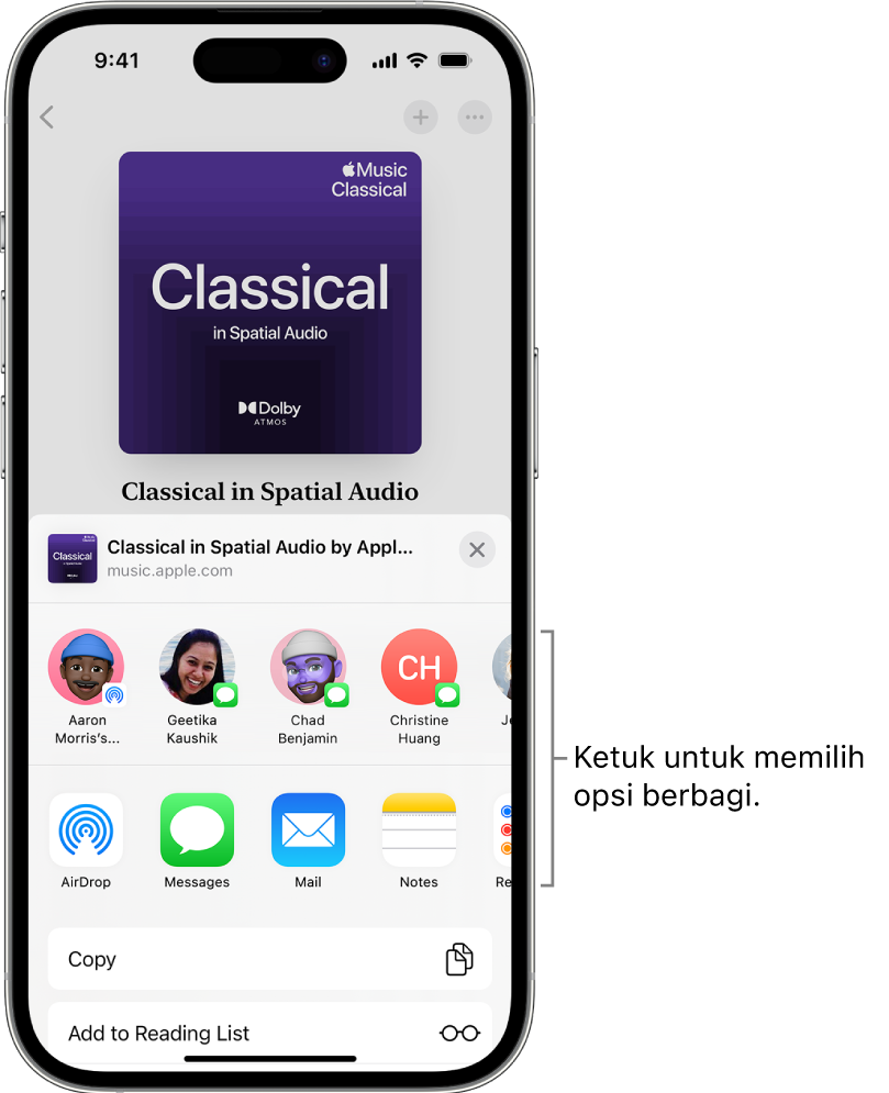 iPhone menampilkan daftar putar klasik di bagian atas layar, dengan kontak dan pilihan berbagi di bawah.