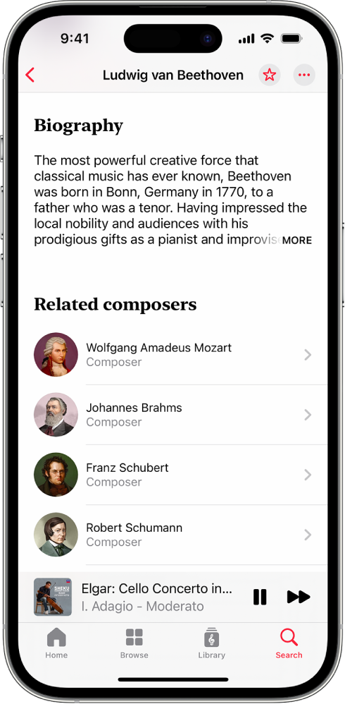 iPhone menampilkan biografi komposer di Apple Music Classical. Di bagian atas layar terdapat nama komposer dan teks biografi. Daftar komposer terkait terdapat di tengah layar. MiniPlayer terdapat di dekat bagian bawah layar dan menampilkan track yang sedang diputar. Di bawah MiniPlayer adalah tombol Home, Browse, Library, dan Search.