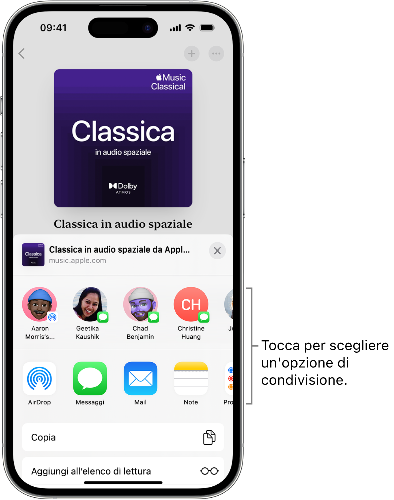 Uno schermo di iPhone dove, sotto a una playlist di musica classica, sono visibili i contatti e le opzioni di condivisione.
