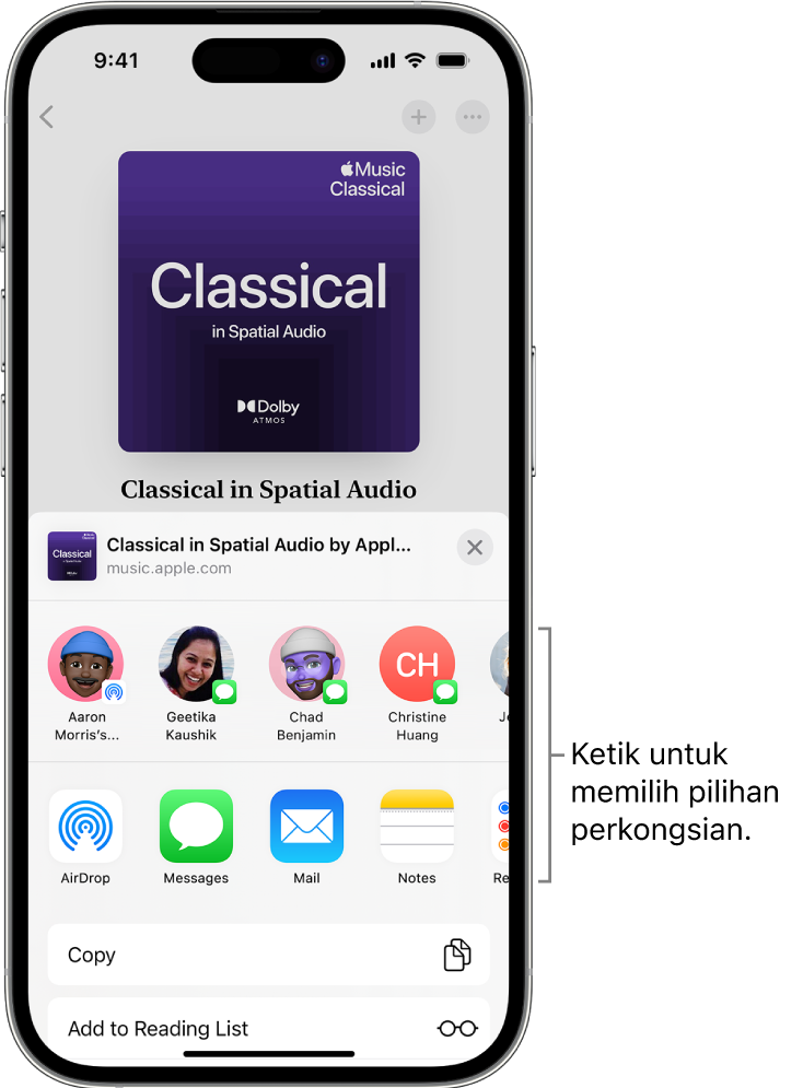 iPhone menunjukkan senarai main klasik di bahagian atas skrin, dengan kenalan dan pilihan perkongsian di bawah.