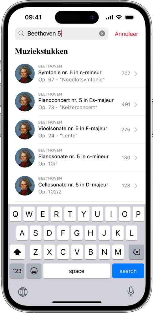 Een iPhone met het tabblad 'Zoek' in Apple Music Classical. Het zoekveld staat boven in het scherm met daaronder een lijst met resultaten.