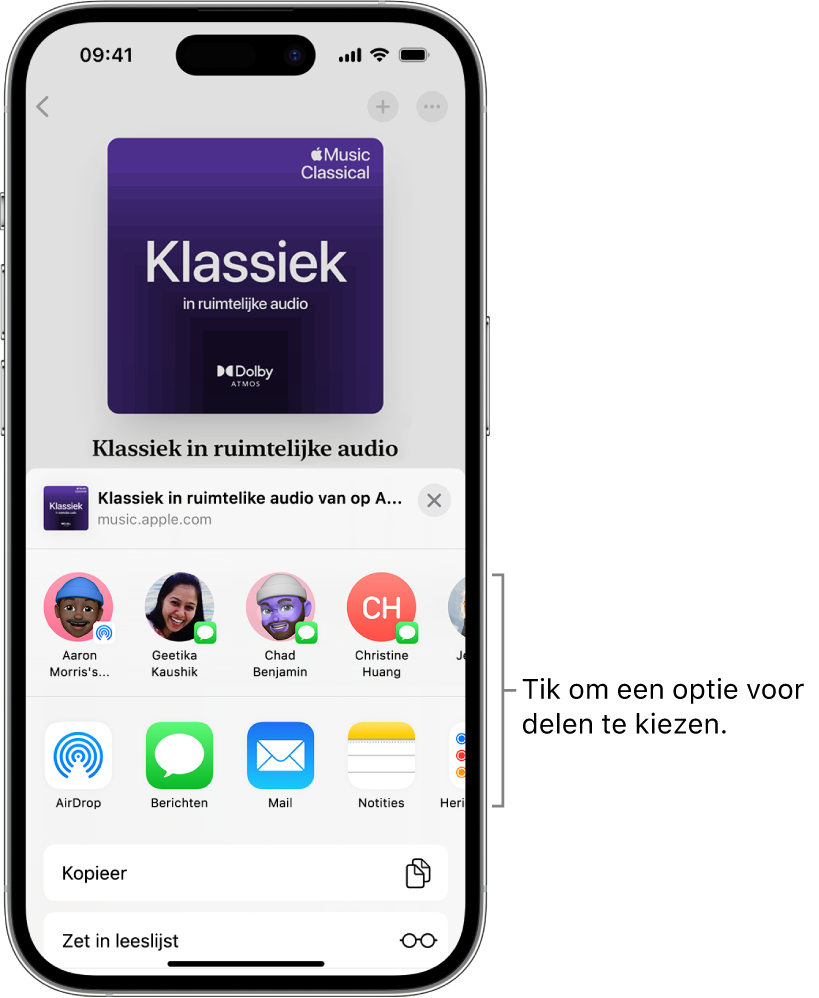 Een iPhone met boven in het scherm de afspeellijst 'Klassiek' en daaronder contactpersonen en opties voor delen.