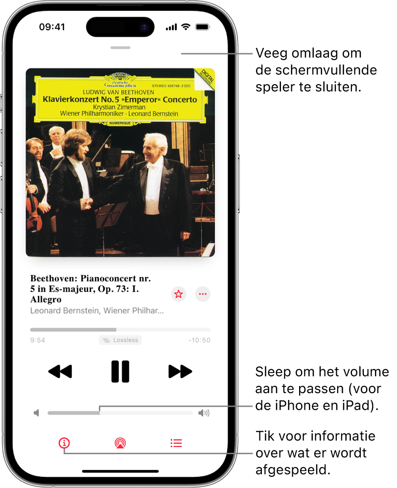 Een iPhone met de schermvullende speler in Apple Music Classical. Boven in het scherm staat een grijze balk waarop je kunt tikken om de schermvullende speler te verbergen en terug te gaan naar de minispeler. Onder de balk staan een albumillustratie, de naam van het muziekstuk en de tijdbalk met daarin de duur van de track en de verstreken tijd. In het onderste deel van het scherm staan de knoppen voor terugspoelen, pauzeren en vooruitspoelen, de volumeregelaar, de infoknop, de AirPlay-knop en de knop voor wat hierna wordt afgespeeld.