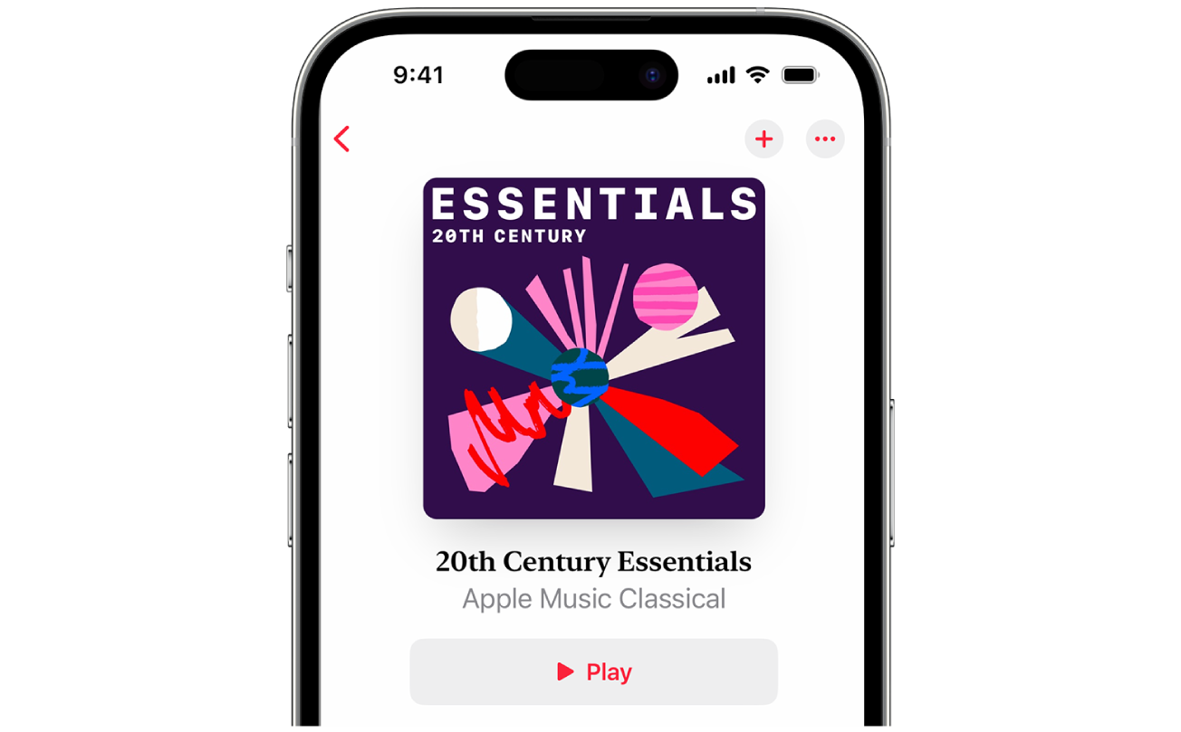 En iPhone som viser en spillelistegrafikk, spillelistetittel og Spill av-knapp i Apple Music Classical-appen.
