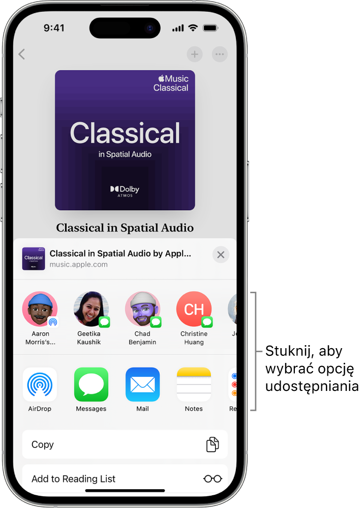 iPhone wyświetlający playlistę z muzyką klasyczną u góry ekranu, a poniżej kontakty i opcje udostępniania.