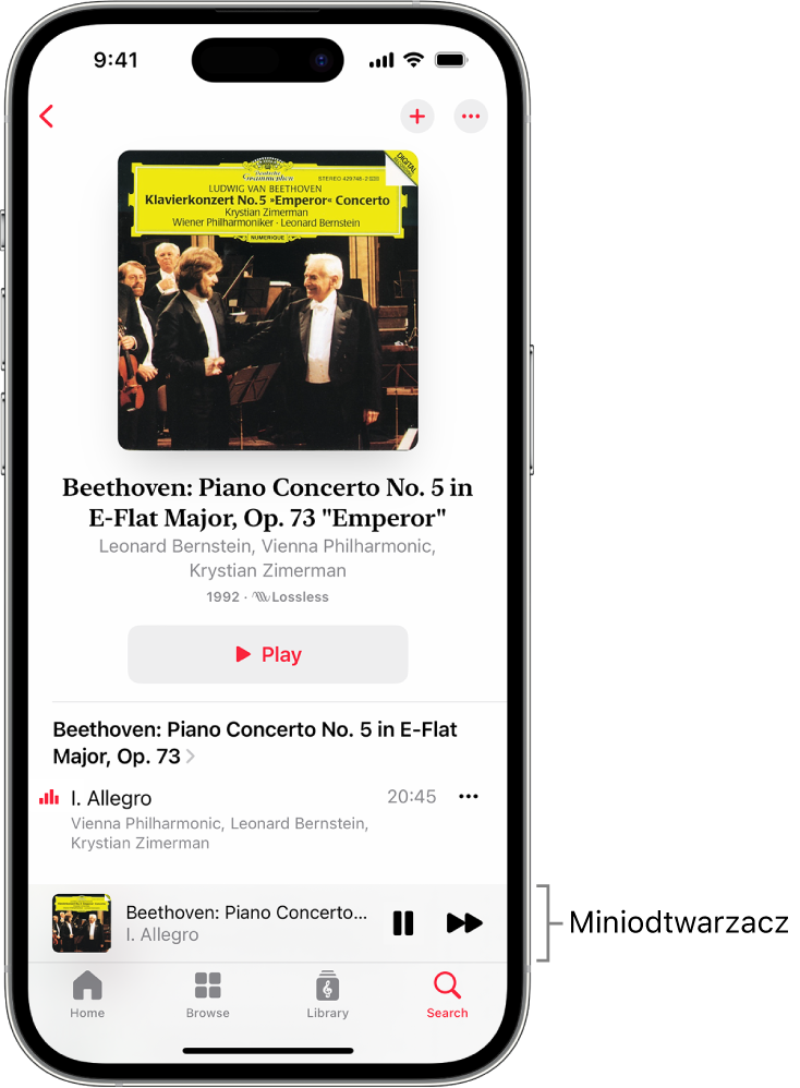 iPhone wyświetlający miniodtwarzacz w aplikacji Apple Music Classical. Na górze ekranu znajdują się okładka albumu, nazwa dzieła oraz przycisk Play. Na dole ekranu znajduje się miniodtwarzacz. Poniżej miniodtwarzacza znajdują się przyciski Home, Browse, Library i Search.